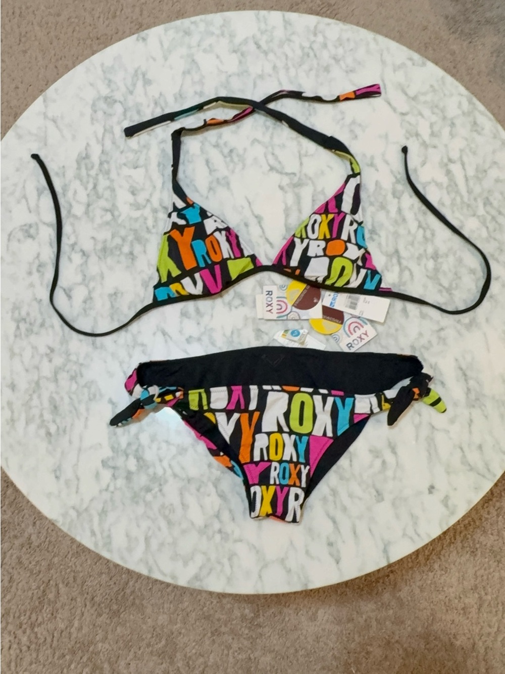 "New" with Tags Reversible Y2K Roxy Triangle Hula Halter Logo Bikini Set